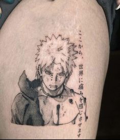 an anime character tattoo on the thigh