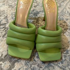 Never Worn Green Sandals Vince Camuto Size 5 Trendy Green Slip-on Heels, Trendy Green Block Heel Mules, Trendy Green Open Toe Mules, Green Closed Toe Synthetic Mules, Green Synthetic Mules With Round Toe, Green Open Toe Mules For Spring, Trendy Green Open Heel Sandals, Trendy Green Open-heel Mules, Trendy Green Mules With Padded Heel