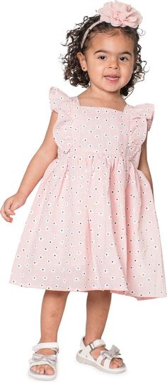 Popatu Kids' Daisy Pinafore Dress | Nordstrom Summer A-line Floral Dress With Ruffles, Spring Dress-up Dresses With Ruffle Sleeves, Cute A-line Dress For Casual Wear, Cotton A-line Dress With Ruffles, Playful Ruffle Sleeve Dress With Floral Print, Playful Floral Print Dress With Ruffle Sleeves, Cute A-line Sundress For Garden Party, Playful Spring Dress With Flutter Sleeves, Playful Flutter Sleeve Spring Dress