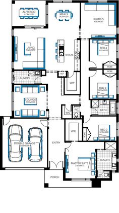 the floor plan for an apartment with two car garages and three bedroom, one living room