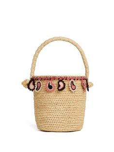 beige/multicolour raffia single top handle paisley motif appliqué detailing open top main compartment Beige Straw Shopping Bag With Handle Drop, Natural Top Handle Straw Bag With Handle Drop, Summer Vacation Straw Bag With Handle Drop, Raffia Bucket Bag, Raffia Basket, Paisley Motif, Basket Bag, Crossbody Tote, Open Top