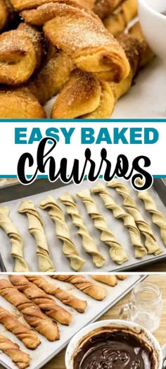 easy baked churros with chocolate sauce in the middle and other dessert items on top