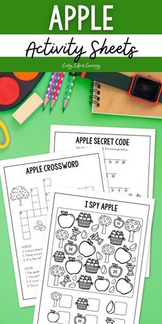 the apple activity sheets are shown with scissors and pencils