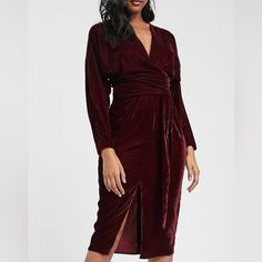 Asos Design Midi Dress With Batwing Sleeve And Wrap Waist In Velvet Burgundy Midi Dress For Fall Night Out, Long Sleeve Burgundy Midi Dress For Night Out, Burgundy Long Sleeve Midi Dress For Night Out, Lace Corset Dress, Bardot Midi Dress, Thanksgiving Dress, Bodycon Tank Dress, Mock Neck Sweater Dress, Cami Midi Dress