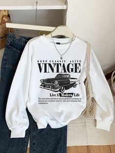 Sudadera holgada informal con estampado de coche vintage blanco para mujer Blanco Casual  manga larga Tela tejida coche,Gráfico,Letras,Frase Pullovers Elástico Ligero  Women Clothing, size features are:Bust: ,Length: ,Sleeve Length: Winter Sweatshirts Women, Graphic Crew Neck Sweatshirt, Shein Winter Clothes, Cute Sweatshirts For Teens, Crew Neck Sweatshirt Outfit, Shein Sweatshirt, Cozy Clothes, Oversize Sweatshirt, Sweatshirt Aesthetic