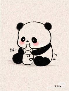 a drawing of a panda bear holding a cup with its paw on it's chest