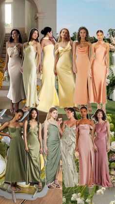 many different dresses are shown in this collage with flowers and greenery on the floor