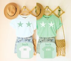 two t - shirts with starfish on them, one is green and the other is white