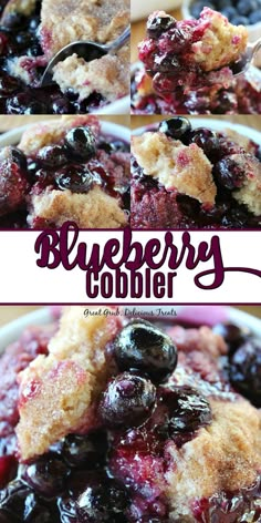 blueberry cobbler in a white bowl with a spoon and text overlay that reads, blueberry cobbler