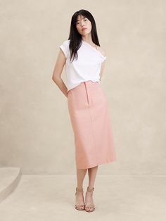 Linen-Blend Herringbone Midi Skirt | Banana Republic Factory Petite Midi Skirt, High Waisted Midi Skirt, Skirt Petite, Midi Skirt Outfit, Skirts Midi High Waisted, Pencil Skirts, Banana Republic Factory, Pink Linen, Midi Skirts