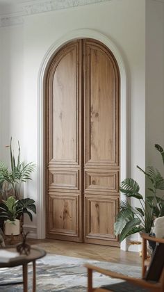 a large wooden door in the middle of a living room with potted plants on either side