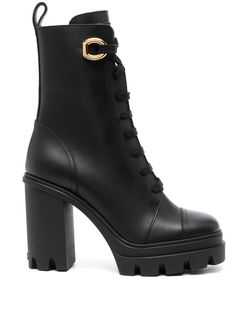 black calf leather gold-tone hardware square toe front lace-up fastening side zip fastening pull-tab at the heel high block heel ridged rubber sole Giuseppe Zanotti Boots, Heel Boots For Women, Metallic Boots, Square Toe Boots, Block Heel Boots, Chunky Boots, Black Leather Boots, Pull Tab, Black Ankle Boots