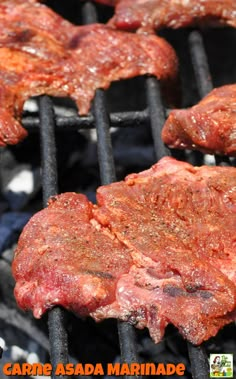 steaks cooking on the grill with caption that reads carne asada marinade