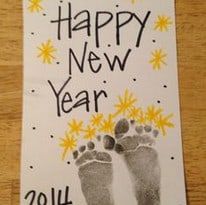 a happy new year card with two feet and stars