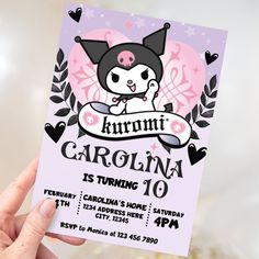 Editable Kuromi invitation for a fun and unique birthday party Kuromi Birthday Ideas, Kuromi And My Melody Birthday Party, Kuromi Graduation, Kuromi Birthday Party Ideas, Kuromi Party Ideas, Kuromi Invitation, Kuromi Template, Hello Kitty And Friends Birthday Party, Kuromi Birthday Invitation