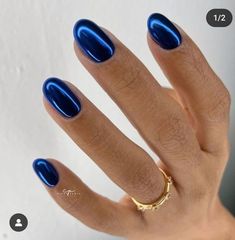 Cobalt Blue Nails With Chrome, Biab Chrome Nails, Short Gel Nails Chrome, Navy Blue Chrome Nails, Navy Chrome Nails, Dark Blue Chrome Nails, Blue Metallic Nails, Chrome Nails Blue, Chrome Nails Ideas