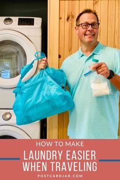 Shows a man holding a laundry bag standing in front of a washer and dryer. Wash Clothes, Doing Laundry, Laundry Hacks, Suitcase Traveling, Packing Tips For Travel, Travel Memories, Planning Ahead, Travel Wedding