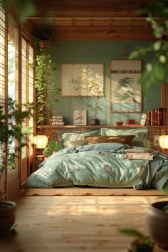 a bed room with a neatly made bed and lots of plants