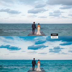 two pictures of people standing on a pier in the ocean, one is holding hands