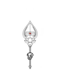 a black and white drawing of an ornate key with a red dot on the top