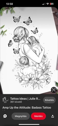 the tattoo app on iphone shows an image of a woman holding a child and butterflies