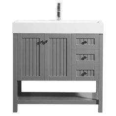 a gray and white bathroom vanity with drawers, sink and faucet on the side