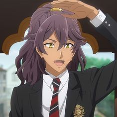 an anime character with long purple hair wearing a suit and tie, standing in front of a window