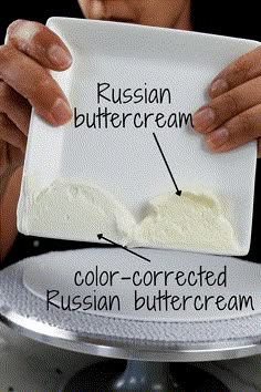 a person holding a plate with cream and butter on it, labeled in the words russian buttercream