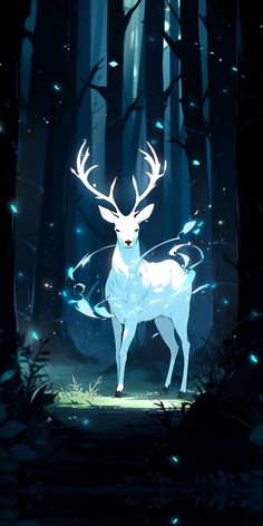 a white deer standing in the middle of a forest with blue lights on it's antlers