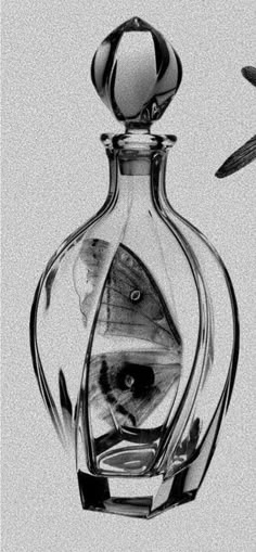 a glass bottle with an image of a fish in it's mouth and two birds flying around