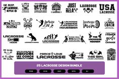 various logos and stickers for lacrosse teams, including the name of each team in purple