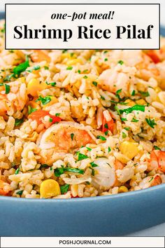 shrimp rice pilaf in a blue bowl with text overlay