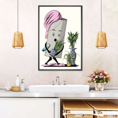 a bathroom with a sink and a painting on the wall above it that has a cartoon character holding a plant