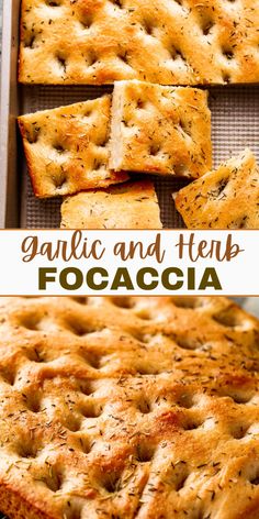 garlic and feta focaccia on a baking sheet with text overlay