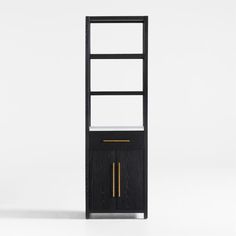 a black bookcase with gold trimmings on the front and bottom, against a white background