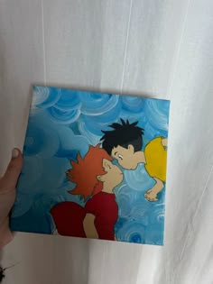 a painting of two children kissing in the water with blue sky and clouds behind them