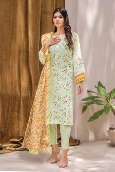 Printed Cambric Front EMB Right & Left Front Motif Printed Cambric Back Printed Cambric Sleeves Crystal Slub Dupatta Cambric Trouser Color: Pistachio Middle Eastern Fashion