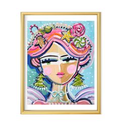 a painting of a woman with pink hair and flowers on her head, in a gold frame