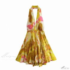 Elluis - Cotton Floral Print Short Suspender Dress Halter Mini Dress, Vacation Dresses, Printed Mini Dress, Beach Dress, Elegant Dress, Primavera Estate, Yellow Dress, Women's Fashion Dresses, Summer Women