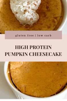 This healthy, easy high protein pumpkin cheesecake is gluten free, low carb, low sugar, high protein, and clean eating. In a small white ramekin round dish is freshly baked and cooled cheesecake. It's firm with a rise and slightly golden orange from the bake and pumpkin. The texture is shown to be soft, fluffy, smooth. Topped with a dollop of greek yogurt and more pumpkin pie spice for flavor. Low Carb High Protein Pumpkin Recipes, Healthy Protein Desserts Low Carb, Animal Based Pumpkin Recipes, Protein Pumpkin Desserts, High Protein Pumpkin Cheesecake, Protein Pumpkin Cheesecake, Cottage Cheese Pumpkin Cheesecake, Pumpkin Protein Recipes, Protein Desserts Low Carb