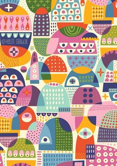 an abstract pattern with colorful shapes and dots on the surface, all in different colors