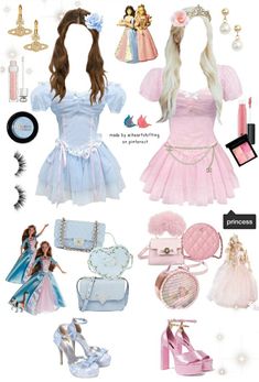 a collage of barbie dolls and accessories including dresses, shoes, purses, bags