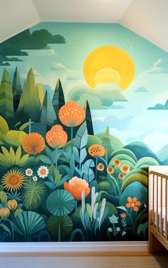 a baby's room with a mural on the wall and crib in front of it