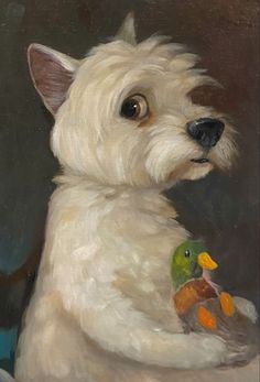 a painting of a white dog holding a toy duck in it's lap and looking off into the distance