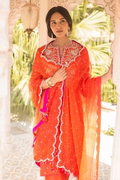 Orange banarasi chanderi kurta with anchor and zardosi embroidered yoke. Paired with coordinating scallop edged dupatta and solid straight pant. - Aza Fashions Festive Jamawar Palazzo Set With Dupatta, Designer Orange Kurta With Chikankari Embroidery, Festive Banarasi Silk Salwar Kameez With Chikankari Embroidery, Traditional Chikankari Embroidery Palazzo Set In Slub Silk, Festive Chikankari Embroidered Sharara In Slub Silk, Slub Silk Sharara With Chikankari Embroidery For Festivals, Festive Slub Silk Sharara With Chikankari Embroidery, Festival Sharara With Chikankari Embroidery In Slub Silk, Traditional Kurta With Sheer Dupatta In Tissue Silk