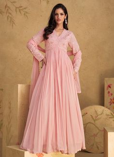 Shop Anarkali Gown - Blush Pink Handwork Embroidered Anarkali Gown Dress At Hatkay Buy Festive Indian Gown In Canada USA UK With Free International Shipping Worldwide. Pink Anarkali, Georgette Material, Georgette Anarkali, Gown With Dupatta, Embroidered Anarkali, Anarkali Gown, Bridal Lehenga Choli, Pink Gowns, Embroidered Wedding