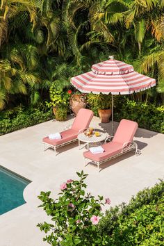 two lounge chairs and an umbrella near a pool with palm trees in the back ground