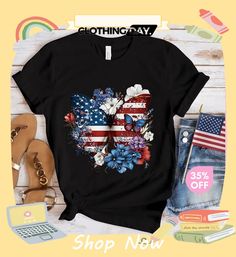 Women Basic American Independence Day Star Stripe Flag Butterfly Printed Round Neck Short-sleeved T-shirt Spring Crew Neck T-shirt With Star Print, Patriotic Star Print Short Sleeve T-shirt, Patriotic Short Sleeve T-shirt With Star Print, Black T-shirt With American Flag Print For Summer, Casual Independence Day T-shirt With Star Print, Black Patriotic Summer T-shirt, Black Patriotic T-shirt For Summer, Patriotic Black T-shirt For Summer, Spring American Flag Short Sleeve T-shirt