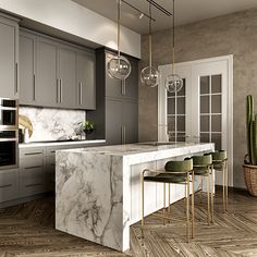 a modern kitchen with marble counter tops and bar stools next to an oven in the center