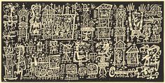 an abstract drawing with white ink on black paper, depicting various symbols and figures in different sizes